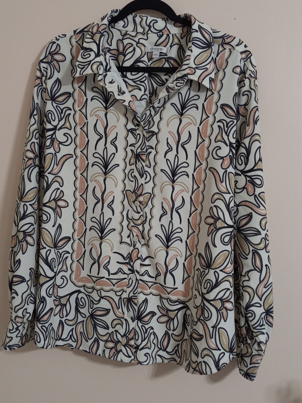 Chico's 4 (20) Cream Blouse with Black and Tan Floral Border Print